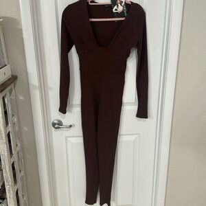 Naked Wardrobe The Snatched Up Bustier Jumpsuit in Dark Chocolate